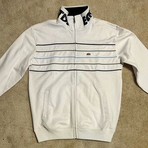 Ecko Unlimited White Zip-Up Sweater with Black and Light Blue Stripes